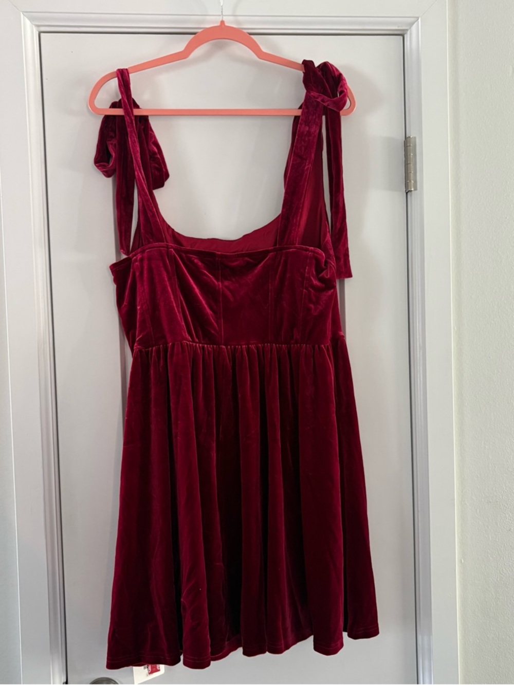 NWT CIDER Deep Red Velvet Mini Dress U-neckline Ruffle Knotted Stunning - Picture 7 of 7
